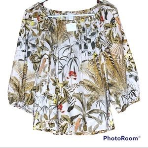 BoHo jungle/ tropical 3/4 sleeve scoop elastic neckline size XS